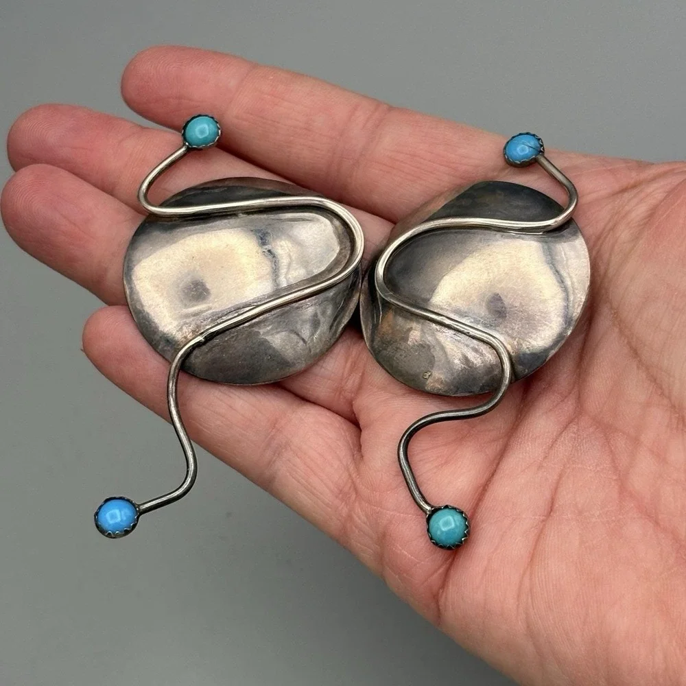 Vintage M.E. Friedman Clip On Earrings Sterling Silver Modernist Turquoise